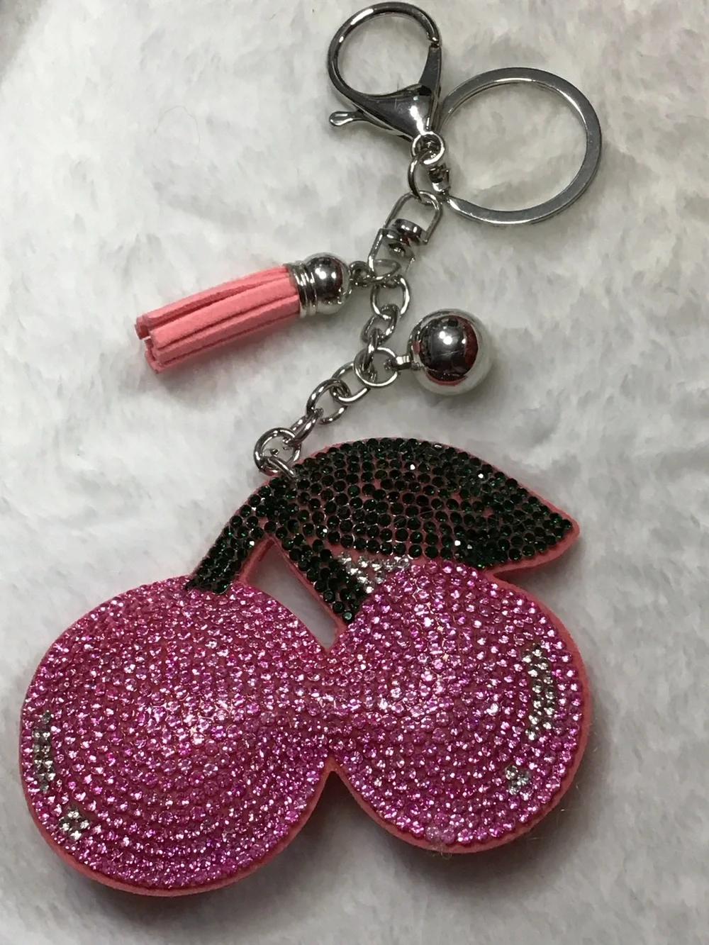 Sparkling Pink Cherry Keychain with Tassel
